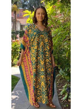 Winlar Jessica Kaftan Mumu Women’s One Size Gold Green Floral Mrs Roper